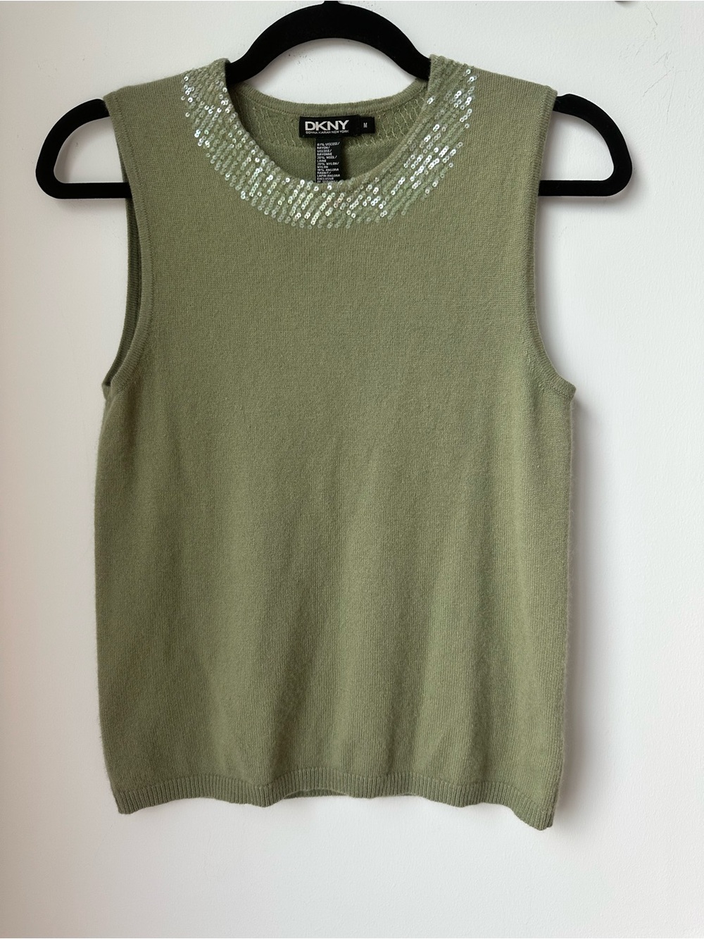 DKNY Olive Green Wool Angora Blend Sweater Tank with Sequin Neckline